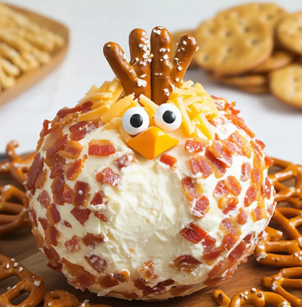 A goofy bird made of cheese, bacon, and pretzel sticks for feathers, sitting on a bed of more pretzels.