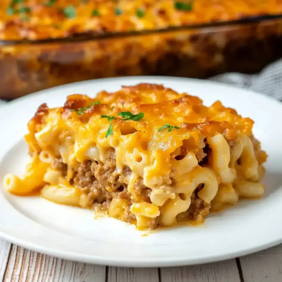 A plate featuring creamy mac and cheese layered over beef meatloaf, garnished with parsley.