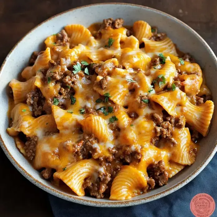 Pasta tossed with beef and gooey cheese, topped with parsley.