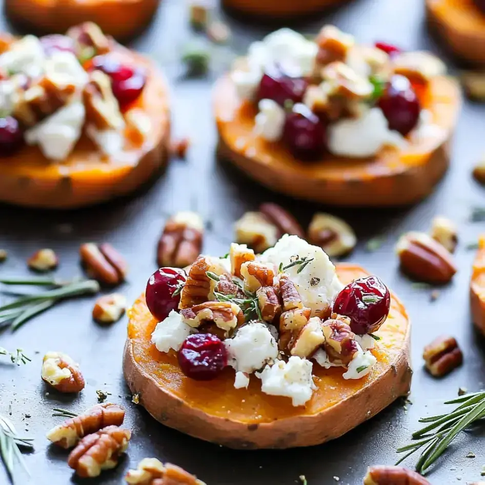 Soft baked sweet potato slices with creamy goat cheese, bits of cranberry, and pecans, all topped with herbs, set on a dark plate.