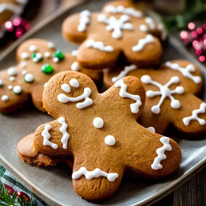 A plate stacked with gingerbread cookies, including a cheerful gingerbread person in white icing and bright sprinkles.