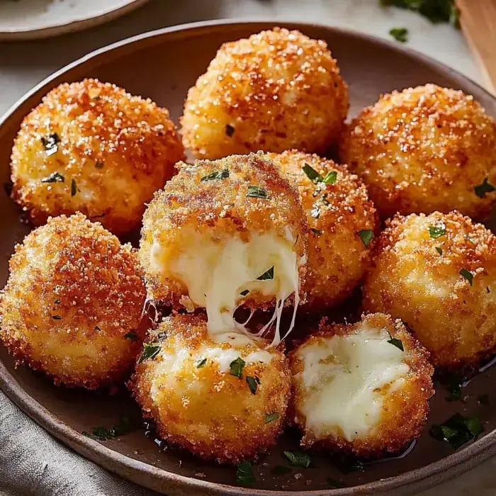 Crispy golden cheese balls with gooey centers on a plate, garnished with herbs.