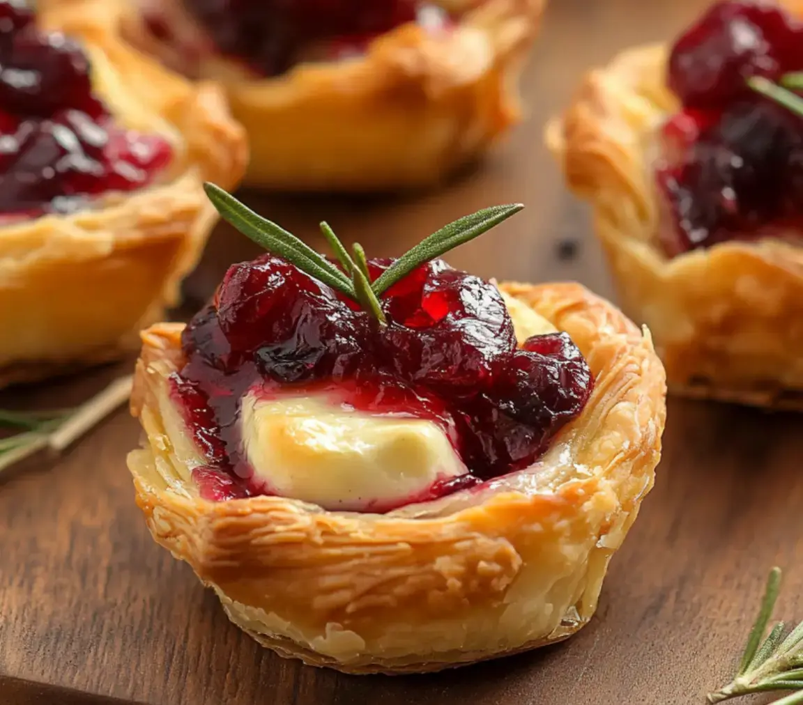Super close shot of a pastry nest stuffed with creamy brie, cranberry, and rosemary sprig on top.