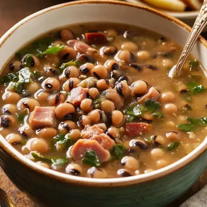 A serving of black-eyed pea soup with chunks of ham and leafy greens swimming in a rich broth.