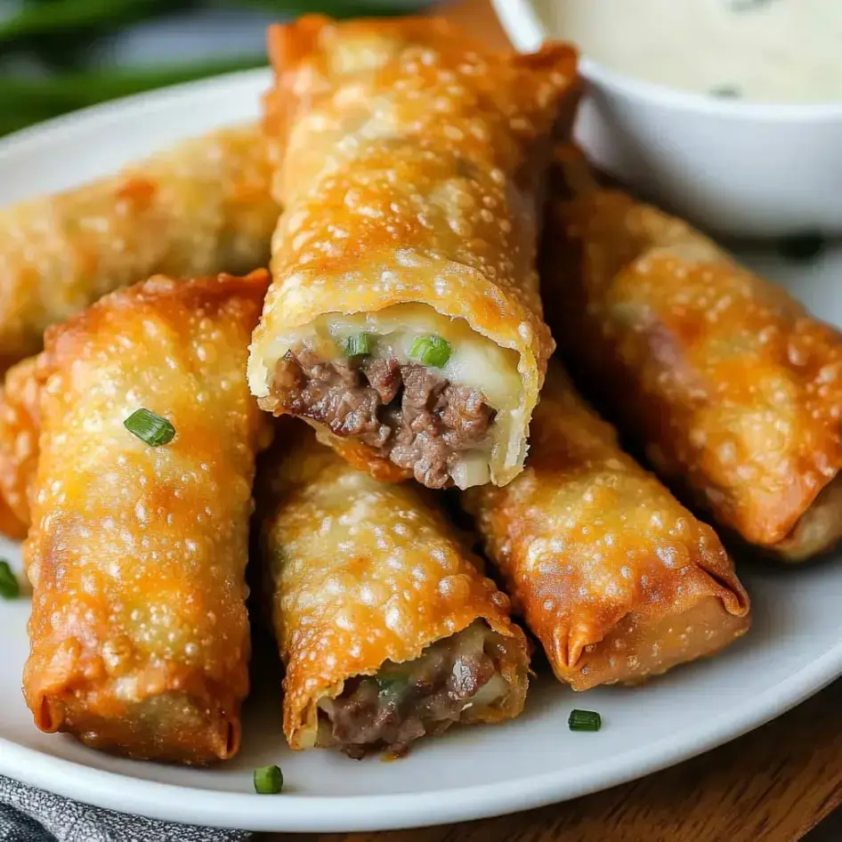 A dish of crunchy, golden egg rolls stuffed with beef and green onions, paired with a bowl of sauce for dipping.