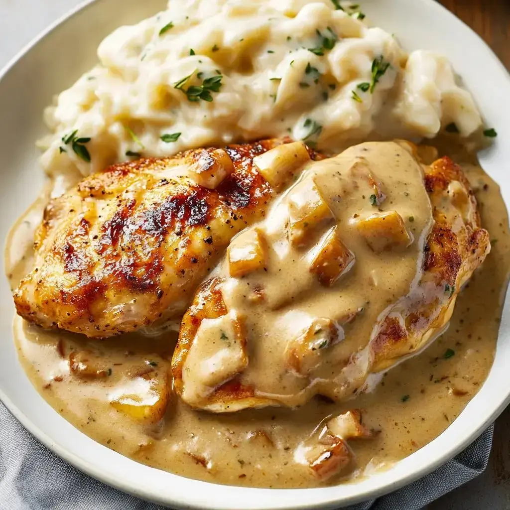 Juicy chicken covered in creamy onion sauce, sitting next to fluffy mashed potatoes.