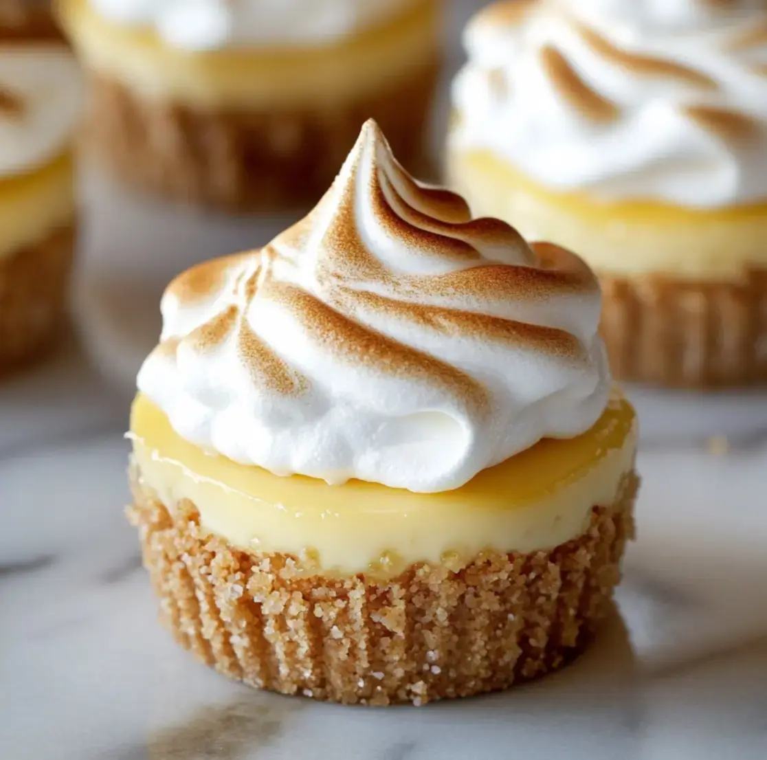 Close-up of a lemon dessert with toasted meringue and a crumbly graham crust.