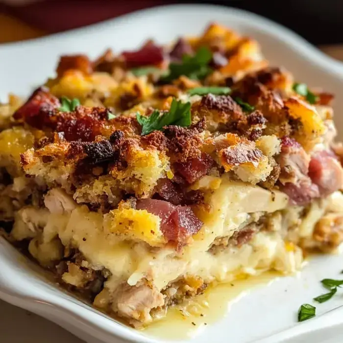 Hot casserole slice stacked with turkey, crunchy stuffing, and bits of bacon, topped with parsley.