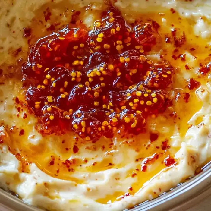 Cheesy dip in close detail, topped with shiny red jelly and some mustard seeds.