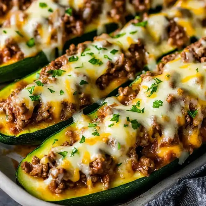 Zucchini stuffed with flavorful meat, lots of cheese and a sprinkle of parsley fresh from the oven.