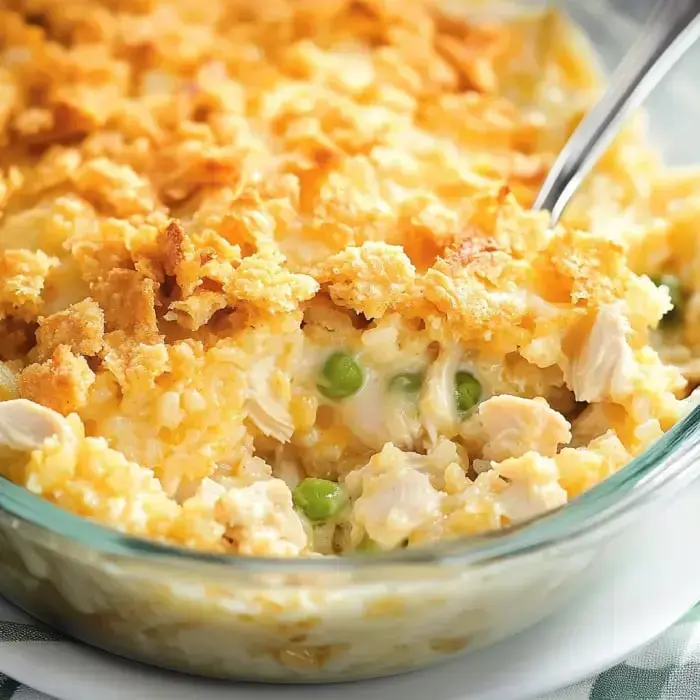 Zoomed in on creamy chicken and rice bake with crunchy crackers and a mix of peas.