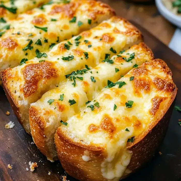 Bread loaf smothered in melty cheese, sprinkled with parsley, sitting on a wood board.