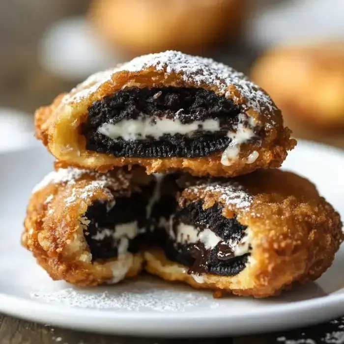 Two halved deep-fried Oreos on a plate, all dusted with powdered sugar so you can see the creamy middle and chocolate cookie center.