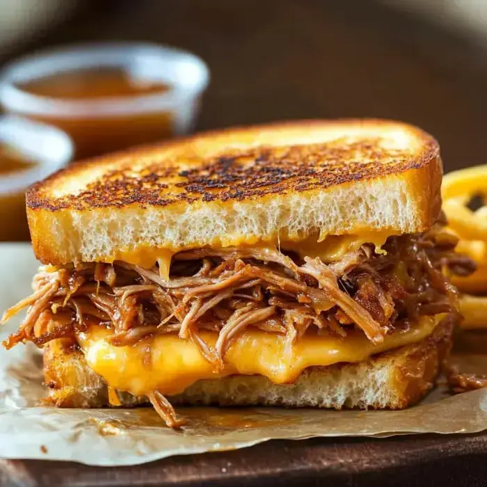 Crispy sandwich stuffed with BBQ pork and gooey cheese, paired with dipping sauces.