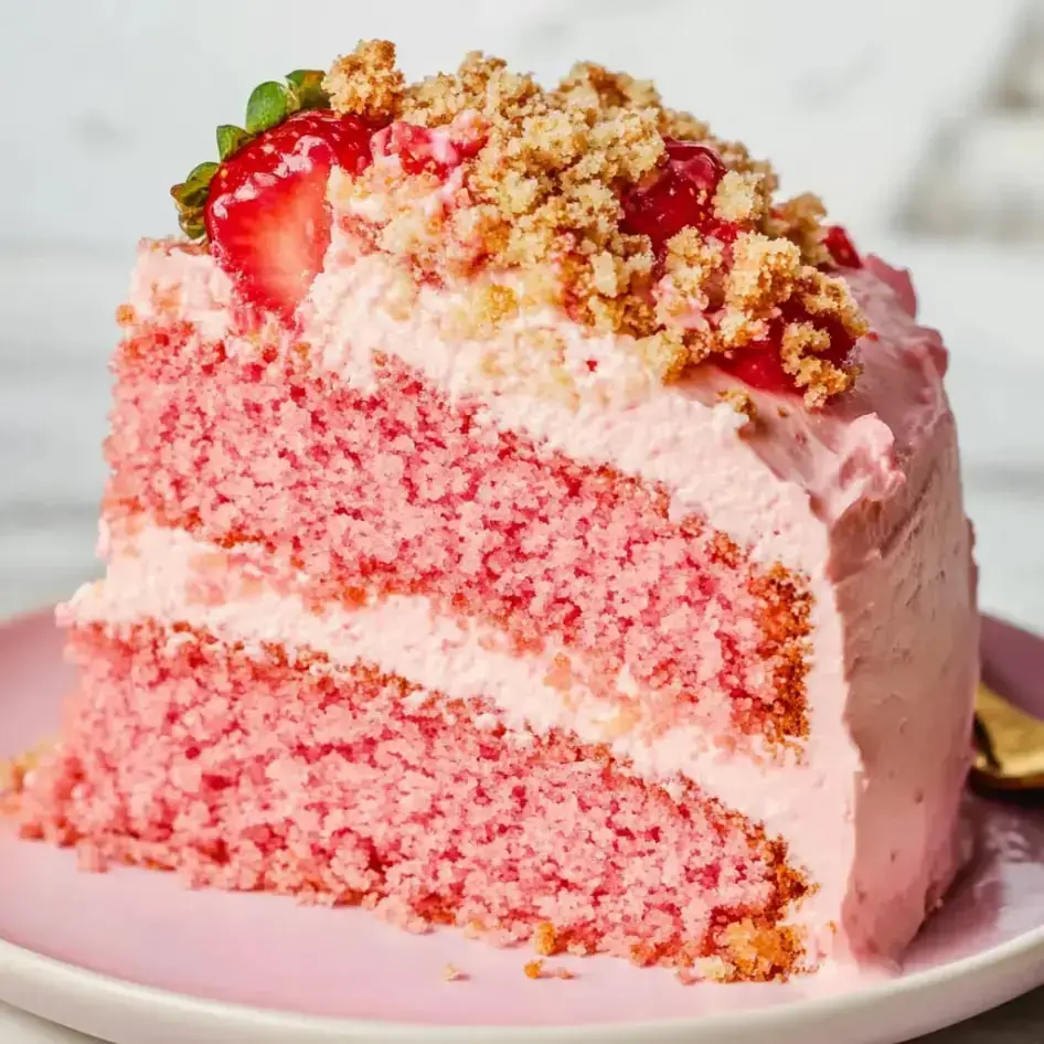 Moist pink cake slices with creamy filling and a crispy strawberry crumb topping, plated up with whole berries.