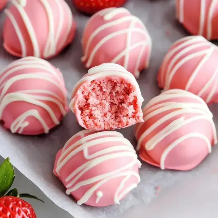 Pink chocolate covered cake balls close up. One is bitten to show the soft strawberry center.