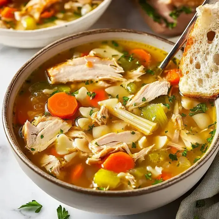 Chunky chicken soup with carrots, celery, noodles, and a sprinkle of parsley beside bread.