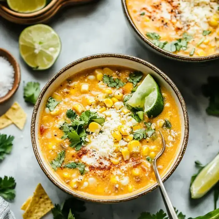 Corn soup in a bowl with fresh cilantro, cheese, lime slices, plus chips and a pinch of salt nearby.