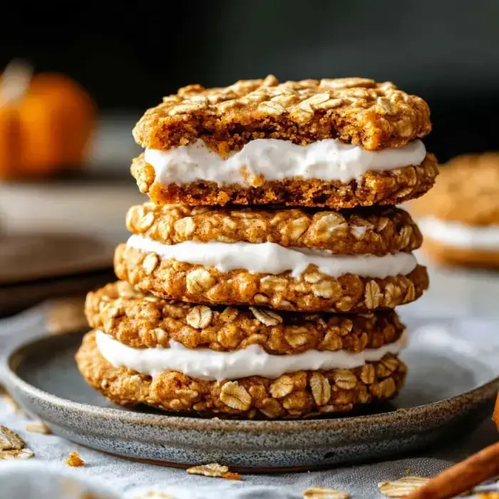 A big stack of oat cookies with creamy white filling in the center, with a bite taken out of one, sitting on a gray plate.