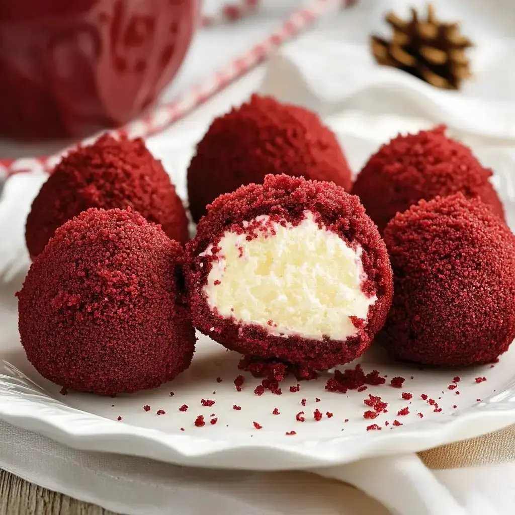Whole and halved red velvet cake balls on a plate, showing the soft creamy center.