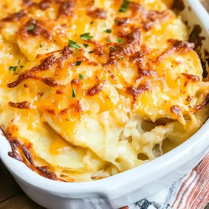 A forkful of cheesy, creamy potato bake sprinkled with fresh parsley.
