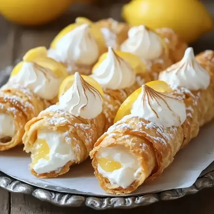 Pastry rolls filled with lemony cream and topped with meringue, plus some lemon slices alongside.