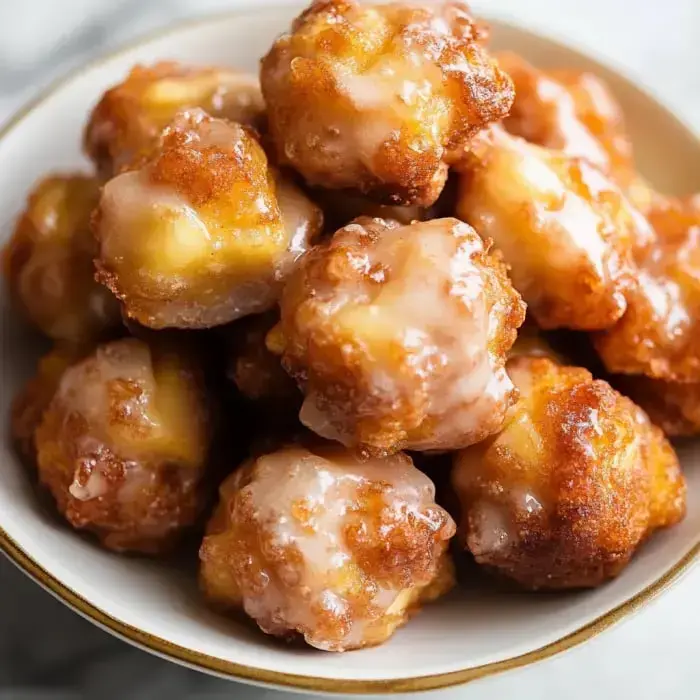 A pile of hot, shiny glazed doughnut holes in a bowl, all golden and sticky.