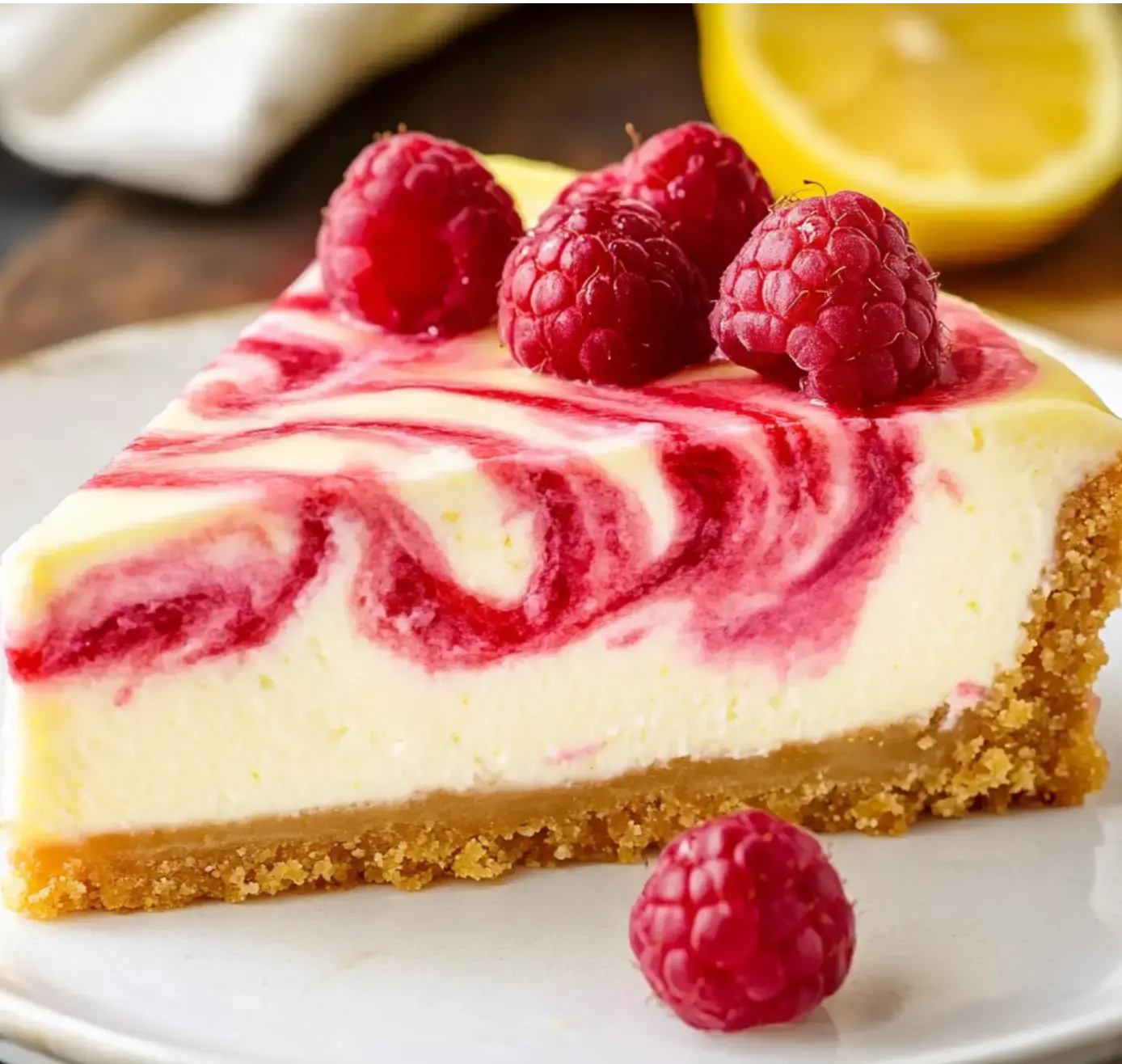 Creamy cheesecake with swirls of raspberry and bright lemon, served up with berries and a lemon peeking in the back.