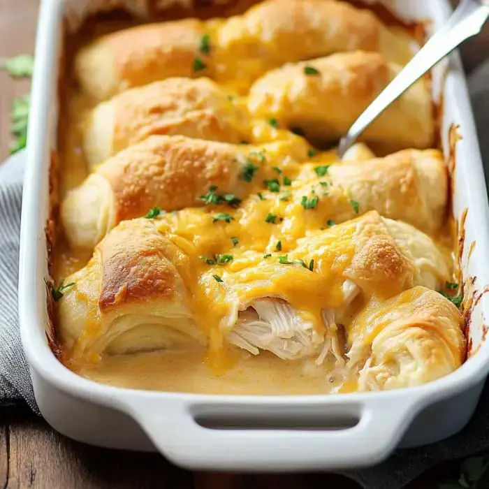 Cheesy chicken bake with flakey golden crescents on top, sprinkled with herbs.
