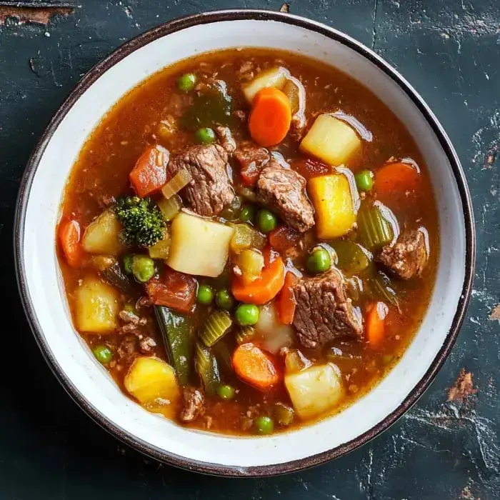 Big bowl of hearty beef and veggie soup with potatoes, carrots, peas, broccoli, and tomatoes in a rich broth.
