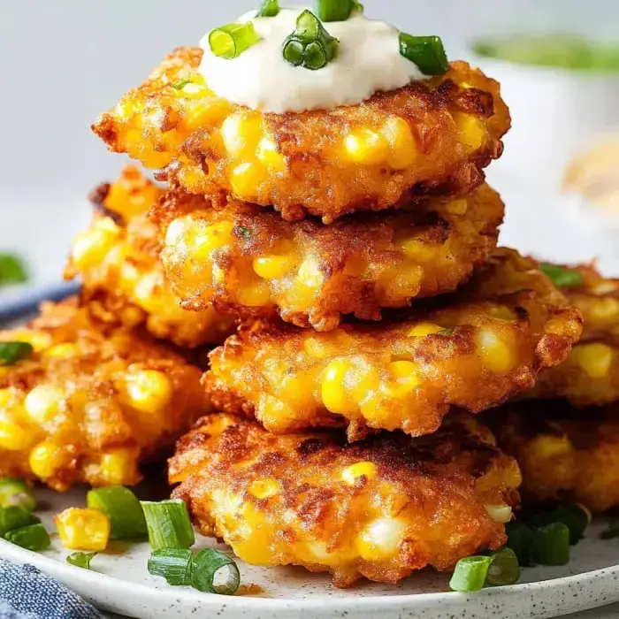 Crispy, golden corn bites piled up with a scoop of sour cream and fresh green onions on top.