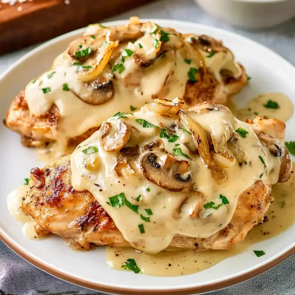 Grilled chicken breasts piled with saucy mushrooms, parsley, and onions on a plate.