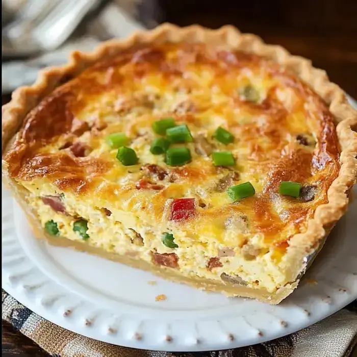 Golden-baked quiche sliced up, showing eggs, veggies, and a sprinkle of green onions on top.