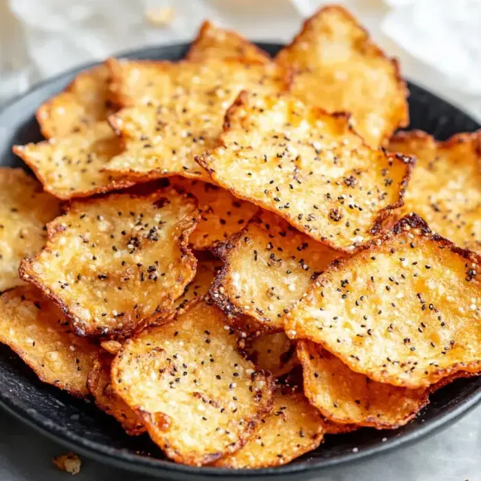 Zoomed in on a dark plate full of crispy golden cheese chips topped with spice.