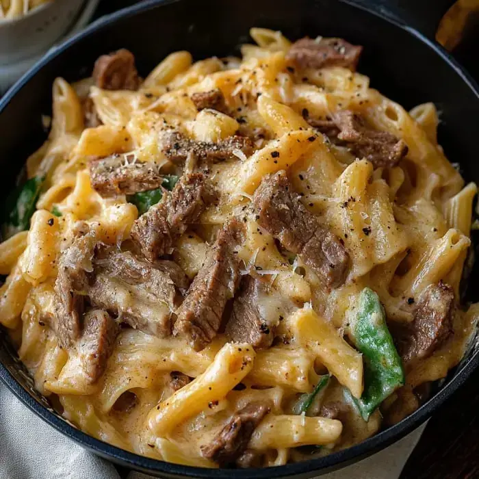 Creamy pasta with penne, steak pieces, and green peppers, topped with fresh cheese and black pepper.