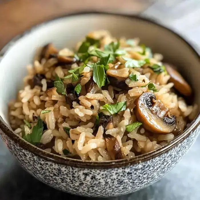 A bowl full of warm rice, mushrooms, and some fresh parsley on top.