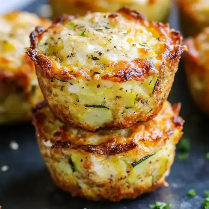 Stack of two golden brown zucchini muffins with crispy edges, specks of green, set on a dark backdrop.