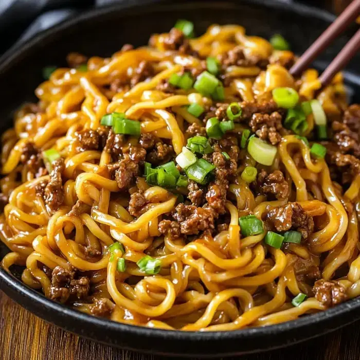 Bowl packed with saucy noodles, ground beef, and green onions.