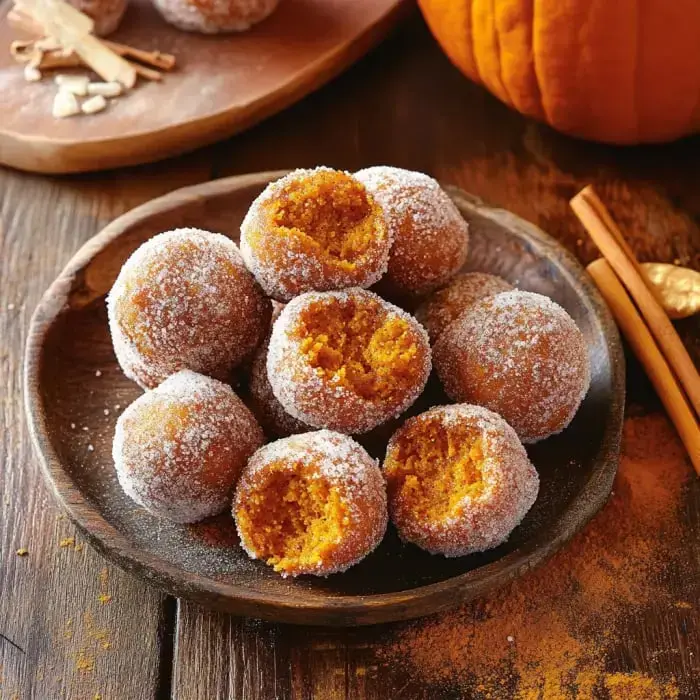 A wooden plate with a pile of sugar-rolled pumpkin muffin bites, some split open to show the orange inside.