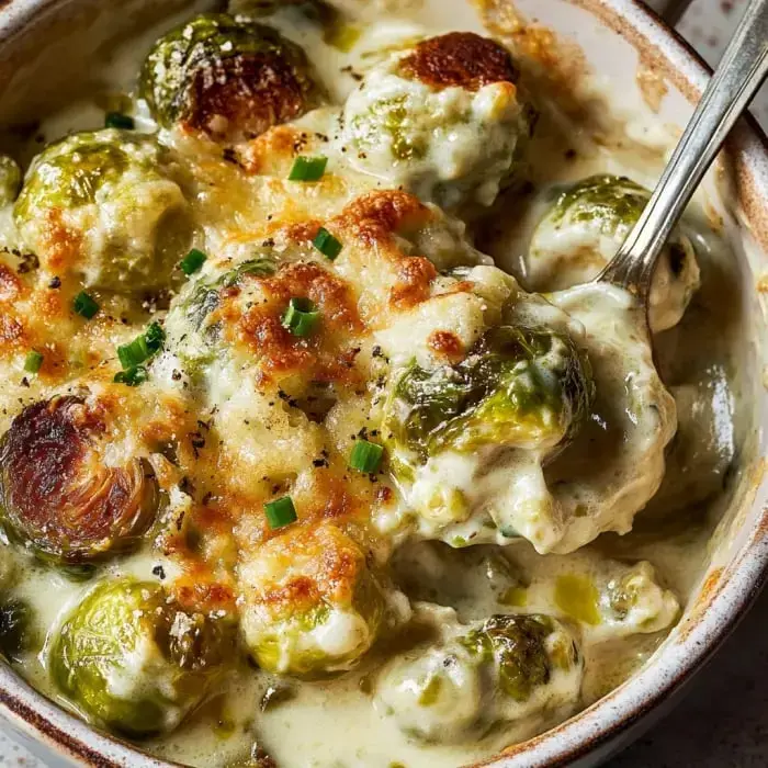 Cheesy Brussels sprouts with a velvety sauce and fresh scallions on top.