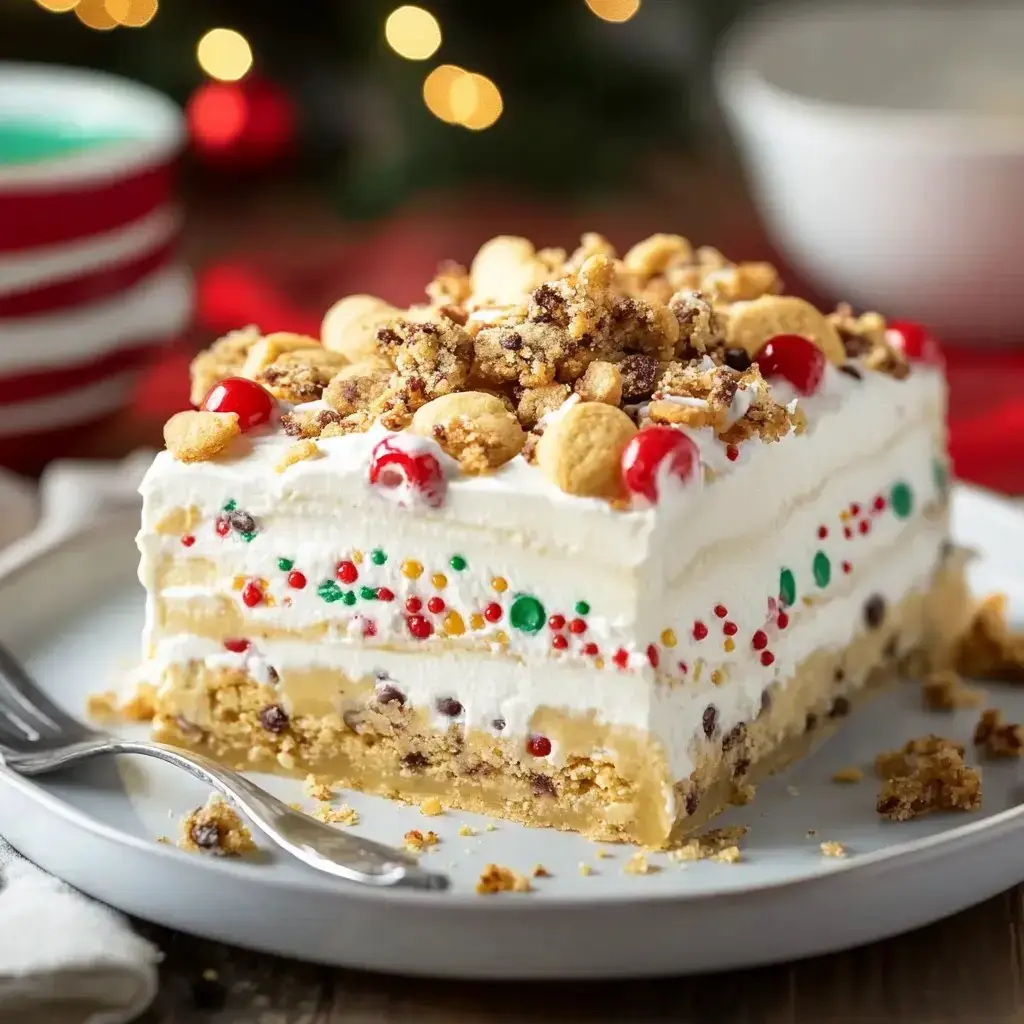 Plate holding a slice of creamy dessert with cookie bits, bright sprinkles, and a red cherry on top, fork on the side.
