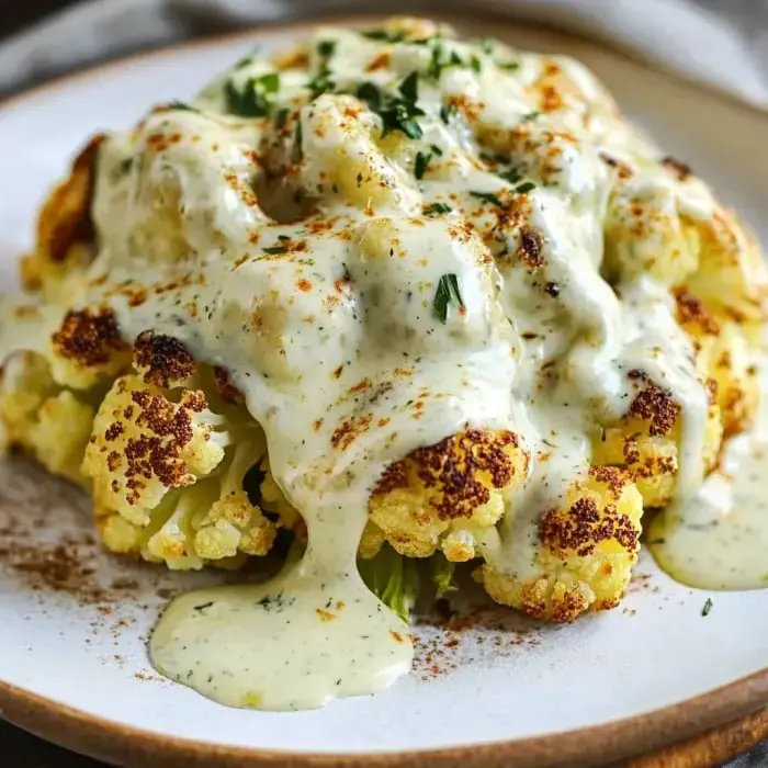 A roasted cauliflower covered in creamy cheese sauce with fresh herbs on a plate.