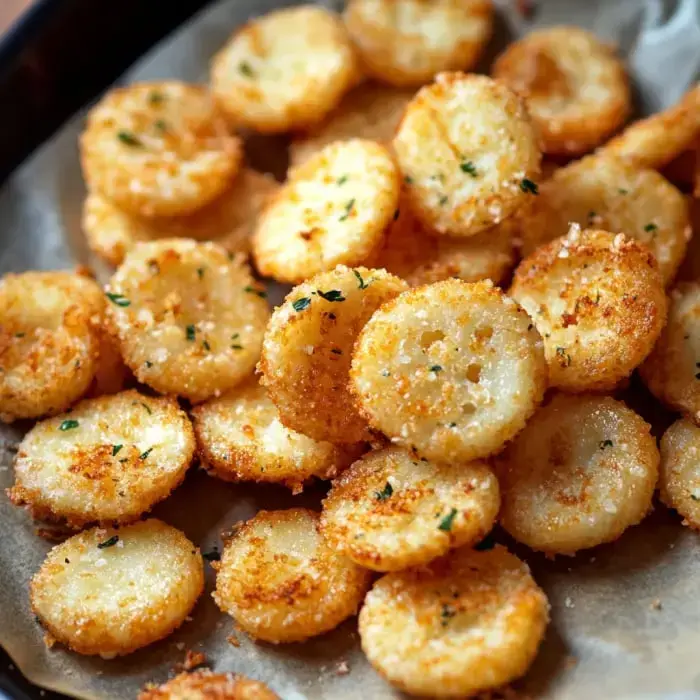 Round potato slices that are golden and crispy, topped with a sprinkle of herbs.