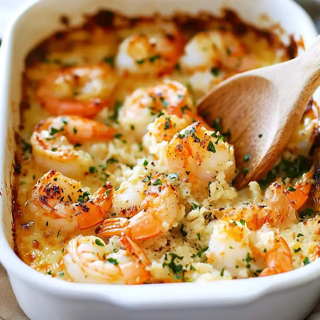 Big shrimp coated in herbs and golden crumbs, all bubbly in a white dish.