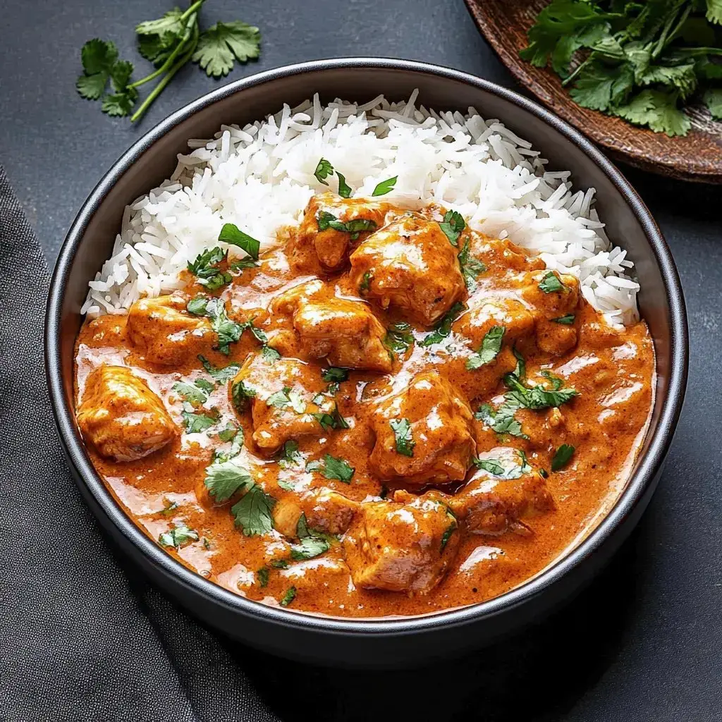 Big bowl of velvety chicken curry topped with herbs on hot rice.
