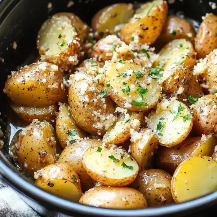 Close-up of buttery garlic potatoes with herbs in a dark bowl.