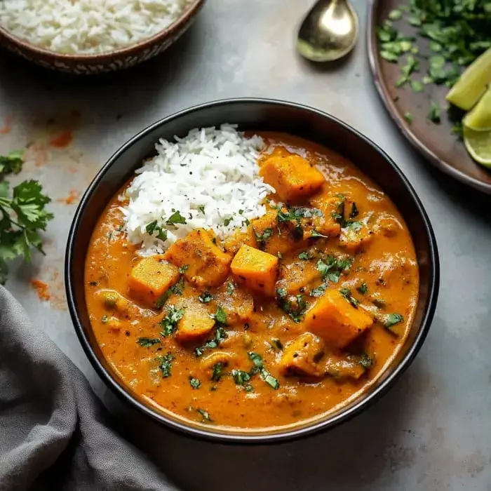 Creamy curry in a bowl with chunks of veggies, lots of cilantro, and a scoop of rice on the side.