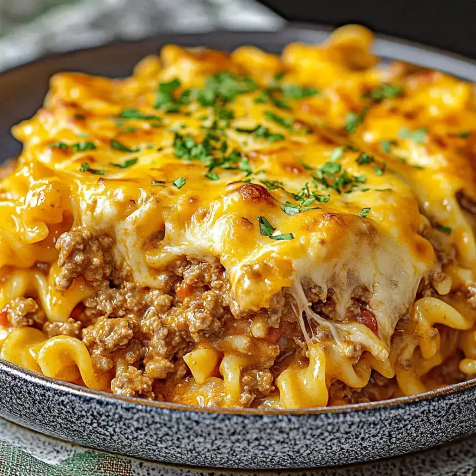 Cheesy pasta topped with parsley, baked golden in the dish.