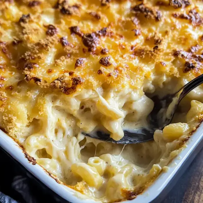 Golden baked mac and cheese with creamy noodles showing under a crispy topping.