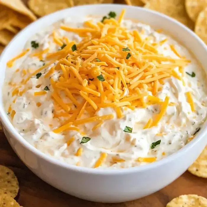 A creamy cheddar dip loaded with cheese and herbs in a bowl, surrounded by crunchy chips.